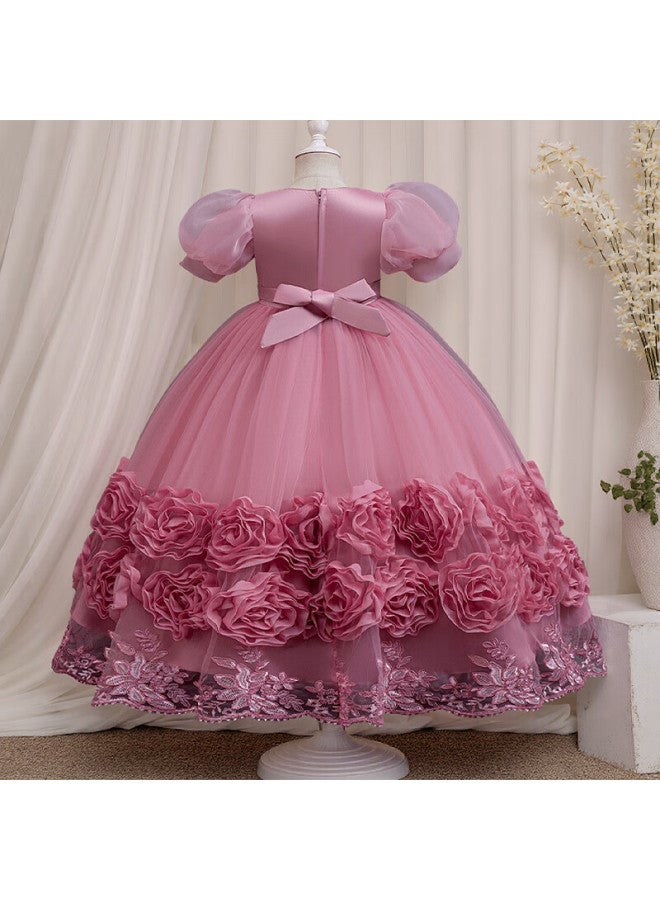 Luobobeibei Girls Princess Puffy Dress Children's Formal Dress Little Hostess Piano Performance Dress Pink 130 - Image 3