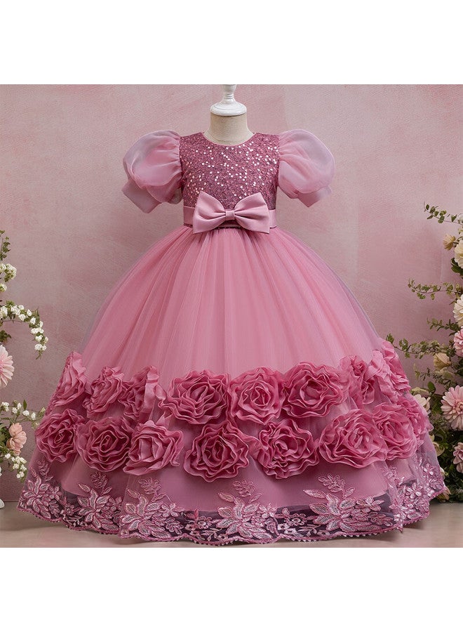 Luobobeibei Girls Princess Puffy Dress Children's Formal Dress Little Hostess Piano Performance Dress Pink 130 - Image 4