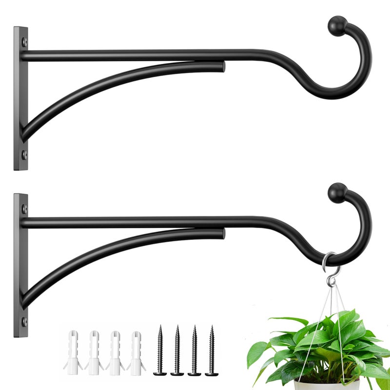 saffruff 11 Inch 2 Pack Heavy Duty Plant Hangers Outdoor, Metal Plant Brackets for Hanging Baskets, Plant Wall Hooks for Bird Feeders, Wind Chimes & Lanterns, Premium Metal Hooks Matte Black, 30lbs Capacity - Image 1
