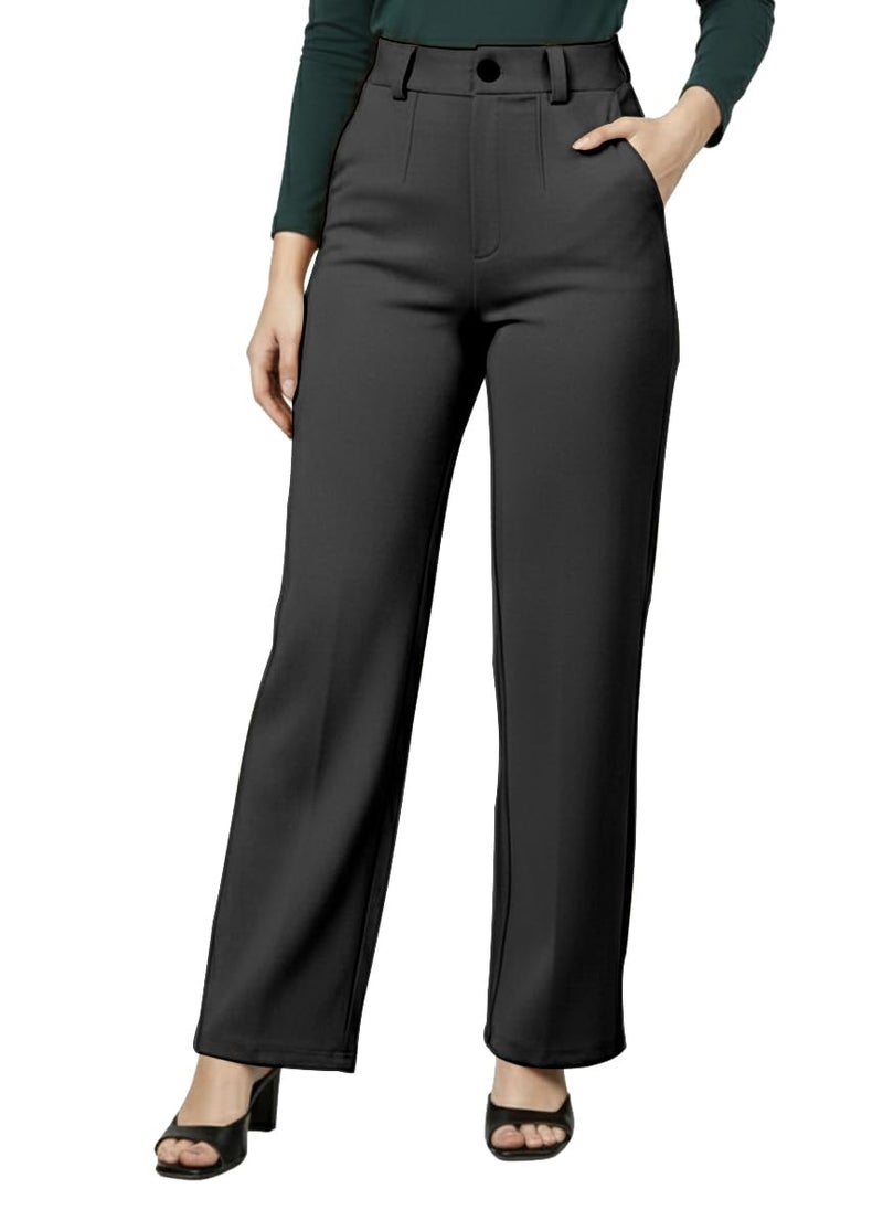 Mehrang Cotton Blend Bootcut Parallel Trouser Pants for Women Regular Fit, Side Pocket, Front Fly Zip Bellbottom Straight Pants for Womens (in, Alpha, L, Regular, Black) - Image 1