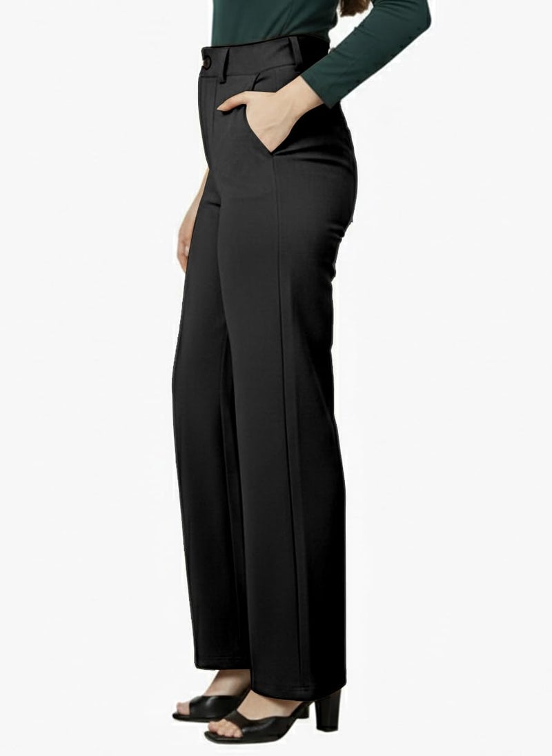 Mehrang Cotton Blend Bootcut Parallel Trouser Pants for Women Regular Fit, Side Pocket, Front Fly Zip Bellbottom Straight Pants for Womens (in, Alpha, L, Regular, Black) - Image 3