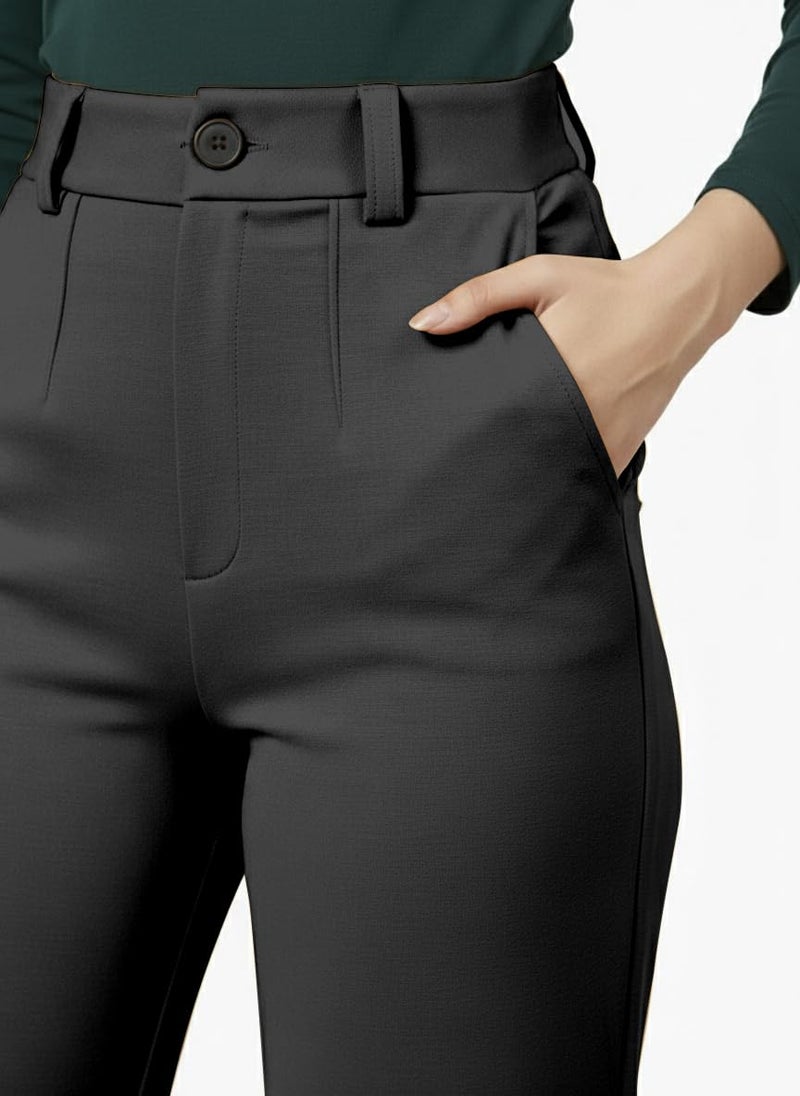 Mehrang Cotton Blend Bootcut Parallel Trouser Pants for Women Regular Fit, Side Pocket, Front Fly Zip Bellbottom Straight Pants for Womens (in, Alpha, L, Regular, Black) - Image 5
