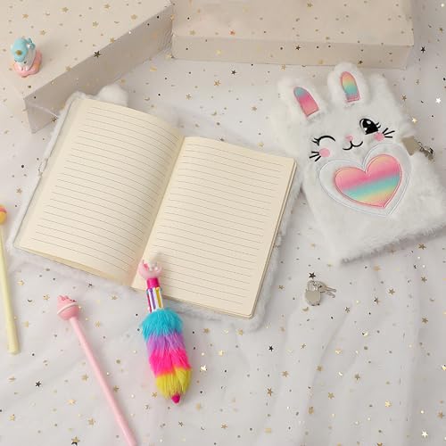 YankMooM Secret Locking Fuzzy White Rabbit Diary for Girls - Kids Journal with Lock & Stickers, Hardcover Creative Notebook for Writing, Drawing & Gift Ideas - Image 4