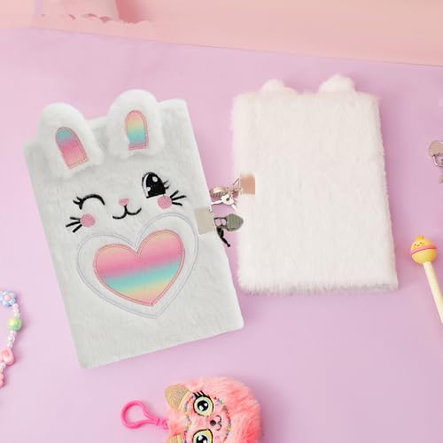 YankMooM Secret Locking Fuzzy White Rabbit Diary for Girls - Kids Journal with Lock & Stickers, Hardcover Creative Notebook for Writing, Drawing & Gift Ideas - Image 2