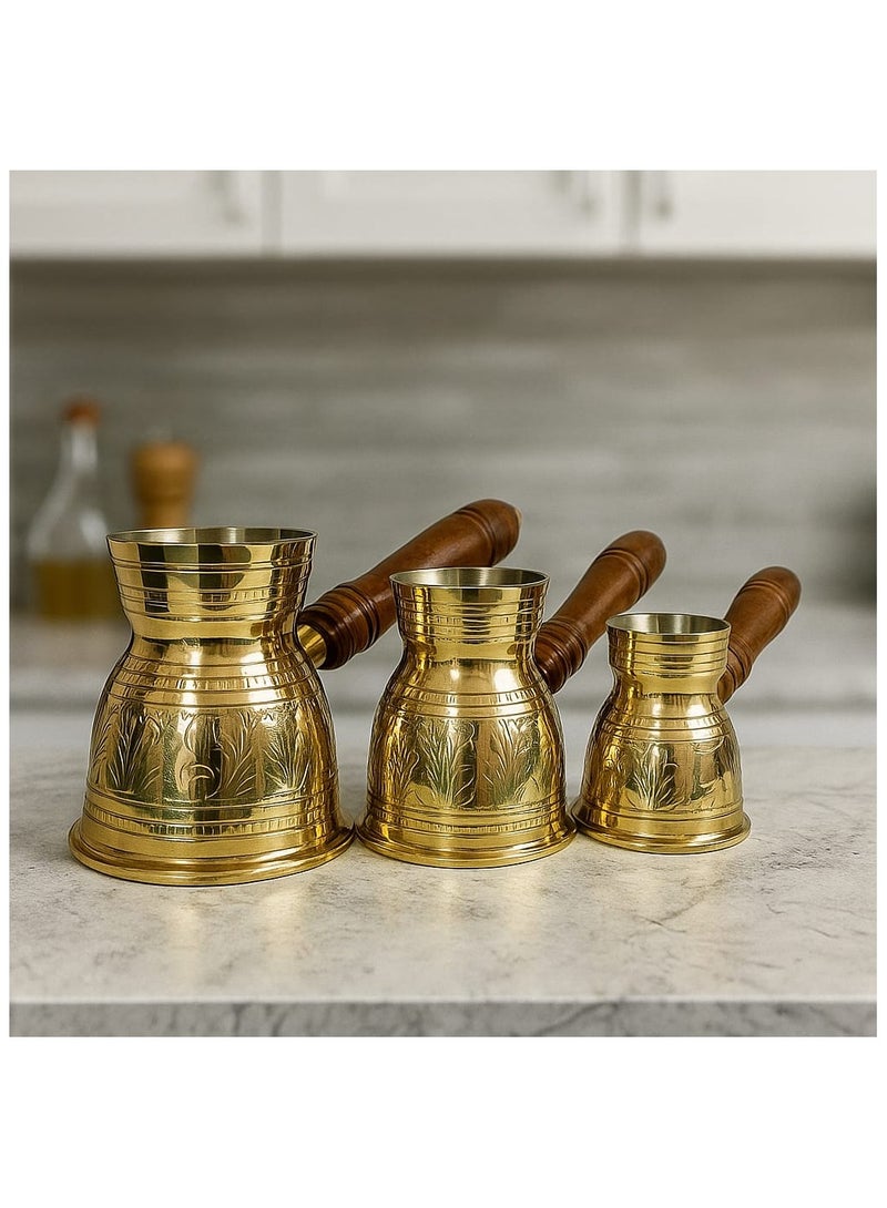 Royal Brass Turkish Coffee Warmer  Coffee Pot with Wooden Handle Gold 3 Pieces - Image 1