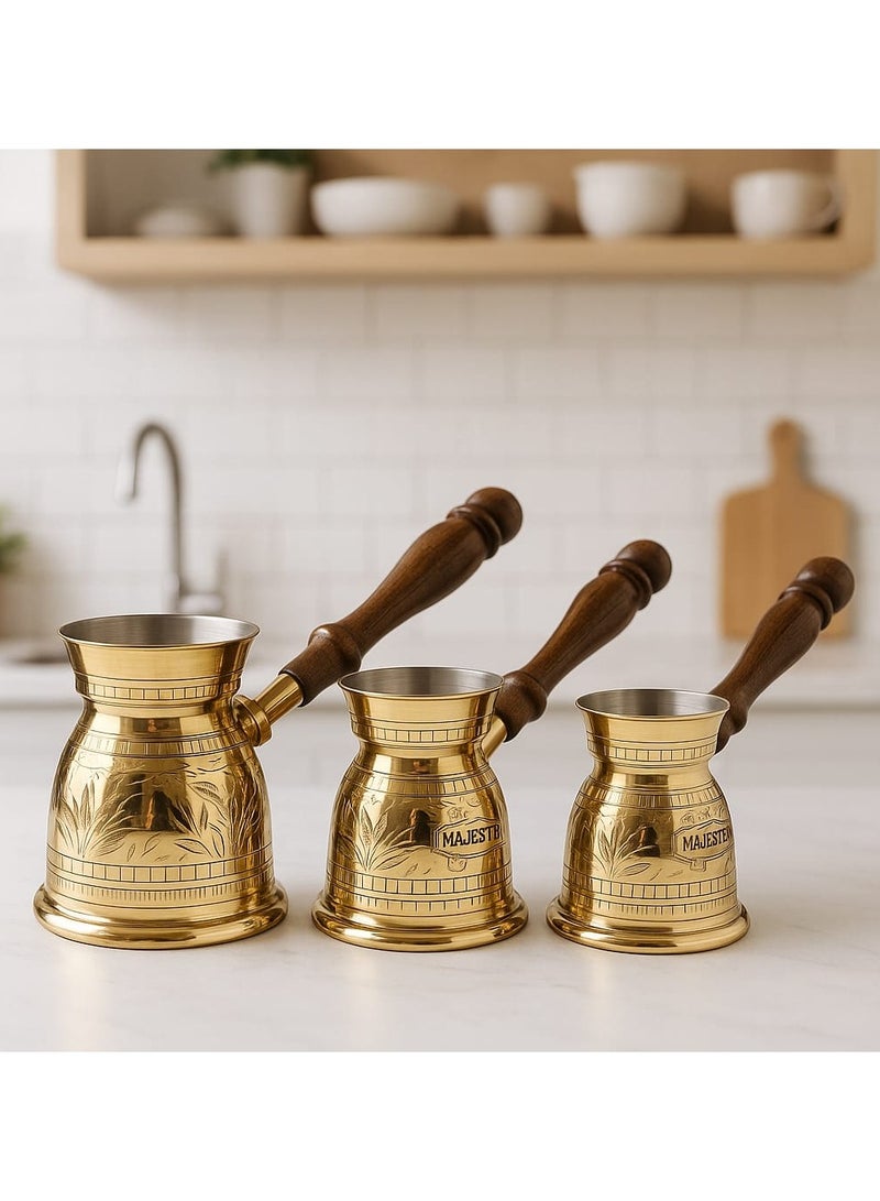 Royal Brass Turkish Coffee Warmer  Coffee Pot with Wooden Handle Gold 3 Pieces - Image 3