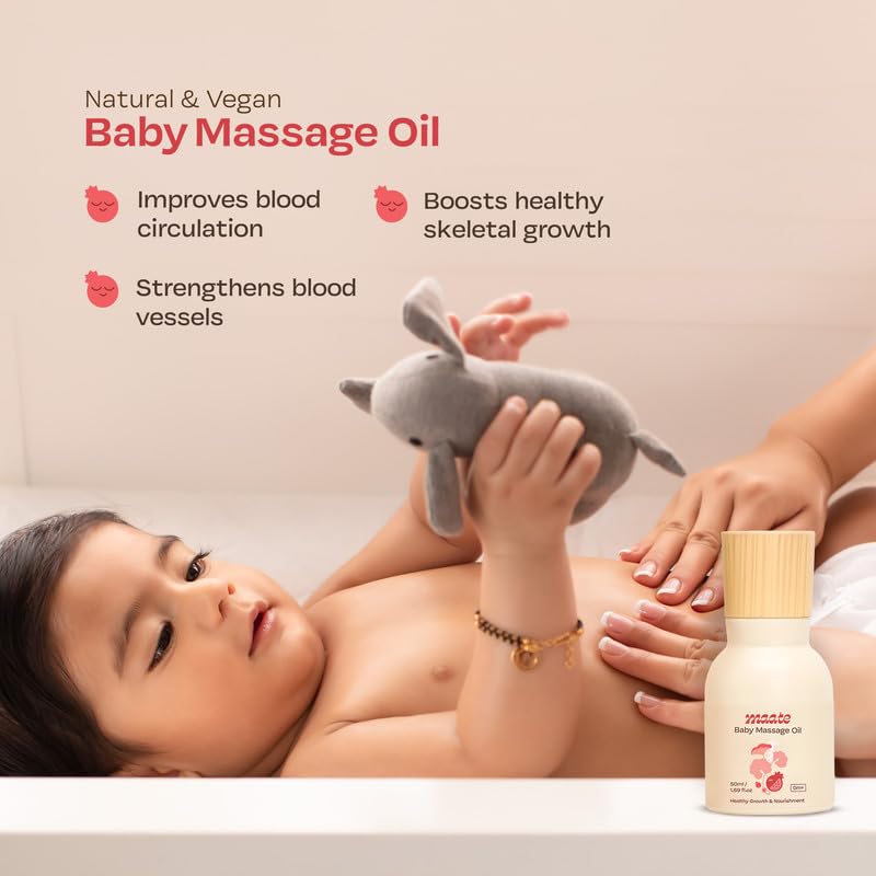 Maate Baby Massage Oil 50ml | For Newborn & Kids 0-12yr | Enriched With Brahmi, Noni & Pomegranate Seed | Light & Non-Sticky | Gentle on Baby's Skin | Cruelty-Free - Image 2