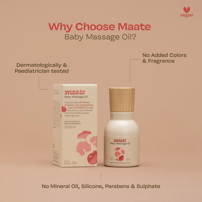 Maate Baby Massage Oil 50ml | For Newborn & Kids 0-12yr | Enriched With Brahmi, Noni & Pomegranate Seed | Light & Non-Sticky | Gentle on Baby's Skin | Cruelty-Free - Image 4