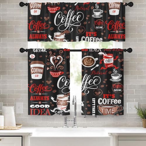 Tayney Coffee Kitchen Window Curtains Valance and Tier Set 36 Inch Black Red Cute Rod Pocket Short Tier Curtain Retro Brown White Doodle Small Cafe Drapes for Kitchen Decor - Image 1