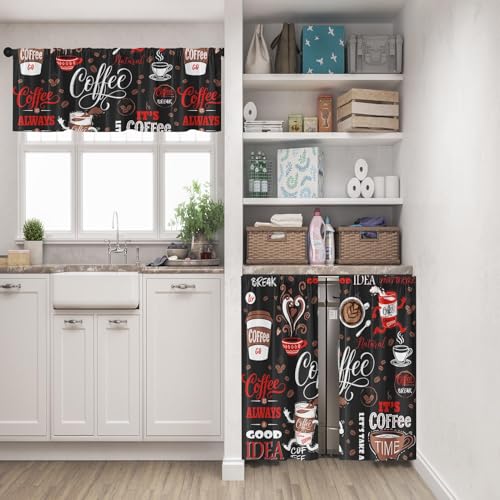 Tayney Coffee Kitchen Window Curtains Valance and Tier Set 36 Inch Black Red Cute Rod Pocket Short Tier Curtain Retro Brown White Doodle Small Cafe Drapes for Kitchen Decor - Image 3