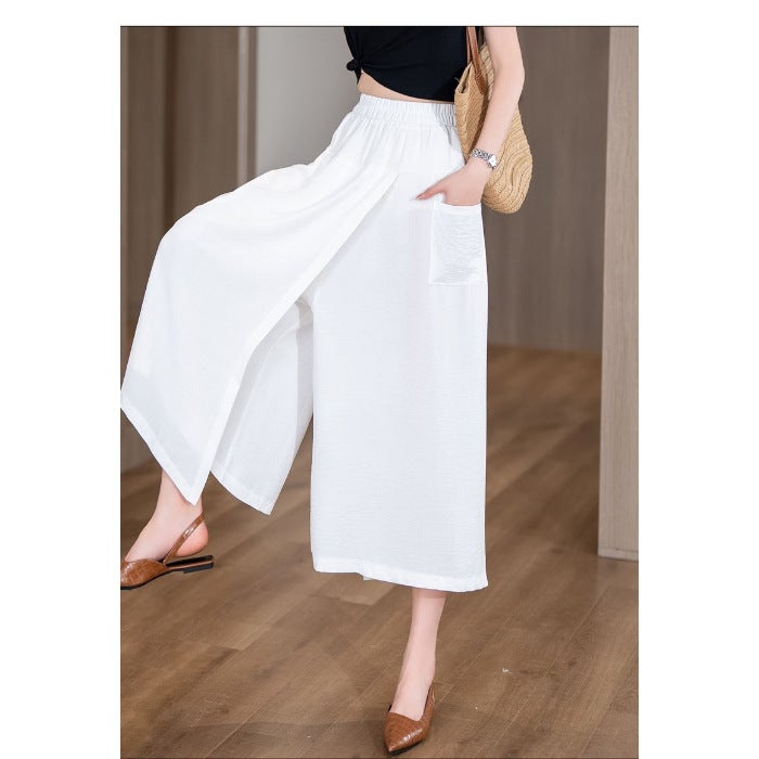 Summer Thin Loose High Waist Slit Lazy Style Casual Culottes Thigh Thick and Slim Eight-point Wide-leg Pants for Women Caramel - Image 4