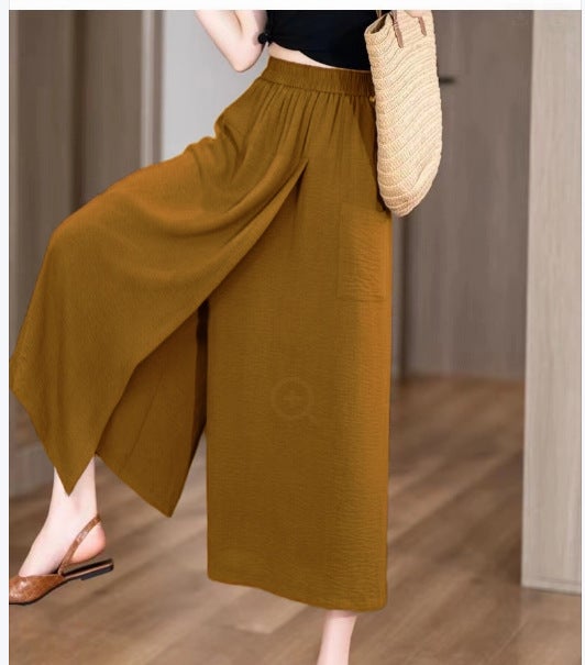 Summer Thin Loose High Waist Slit Lazy Style Casual Culottes Thigh Thick and Slim Eight-point Wide-leg Pants for Women Caramel - Image 1