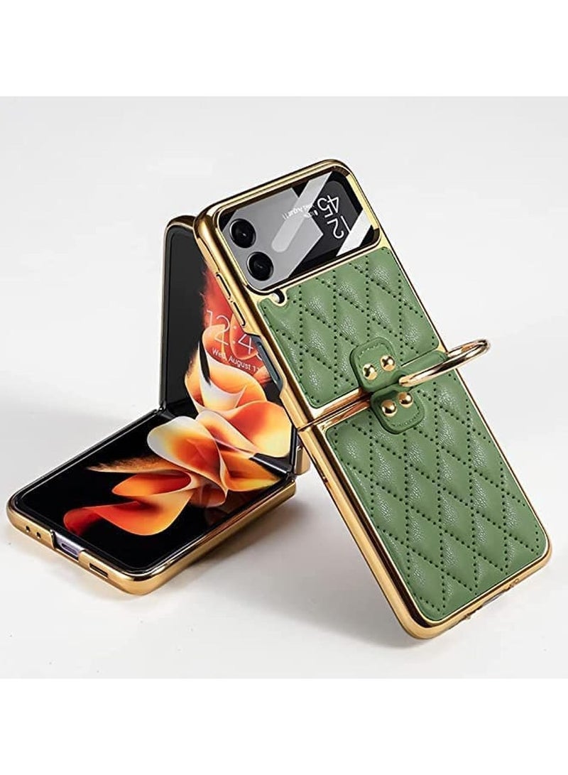 جولدن ماسك حافظة لهاتف سامسونج جالاكسي Z فليب 4 بحلقة جلدية كهربائية- (اخضر فاتح) - Image 1