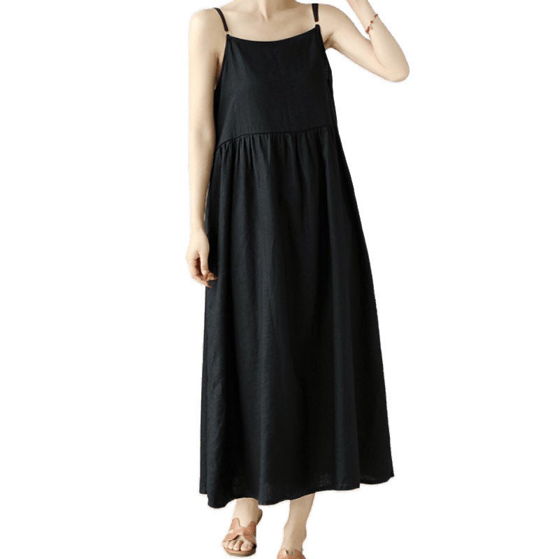 Cotton and Linen Fresh Large-Swing Suspender Skirt Summer Casual Simple Loose Multi-Color Adjustable Dress Long Skirt Pink - Image 5