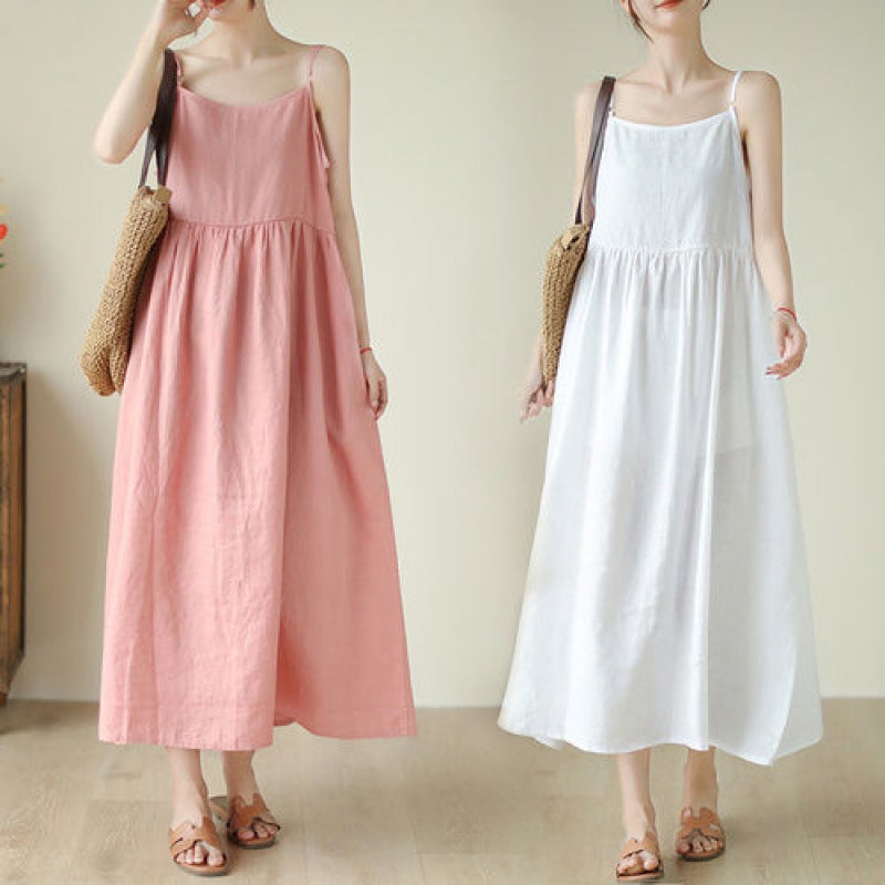 Cotton and Linen Fresh Large-Swing Suspender Skirt Summer Casual Simple Loose Multi-Color Adjustable Dress Long Skirt Pink - Image 2