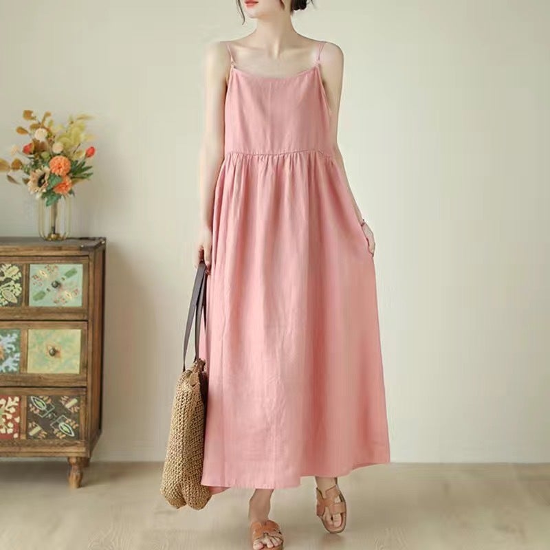 Cotton and Linen Fresh Large-Swing Suspender Skirt Summer Casual Simple Loose Multi-Color Adjustable Dress Long Skirt Pink - Image 4