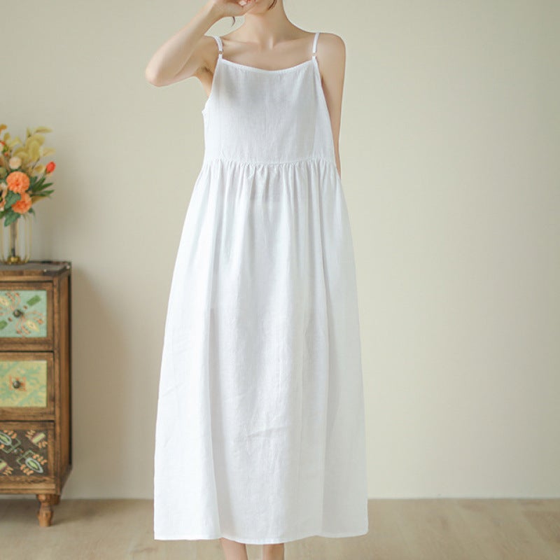 Cotton and Linen Fresh Large-Swing Suspender Skirt Summer Casual Simple Loose Multi-Color Adjustable Dress Long Skirt Pink - Image 1