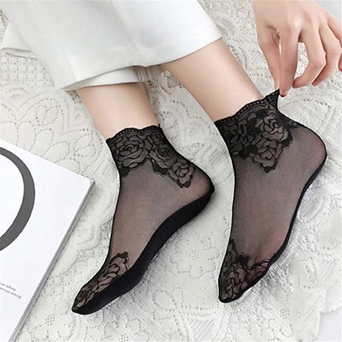 WKLOUYHE Women's Comfortable Solid Rose Pattern Non-Slip Toe Dress Socks (Pack of 2, Beige and Black) - Image 2