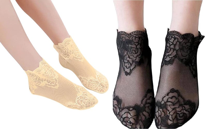 WKLOUYHE Women's Comfortable Solid Rose Pattern Non-Slip Toe Dress Socks (Pack of 2, Beige and Black) - Image 1