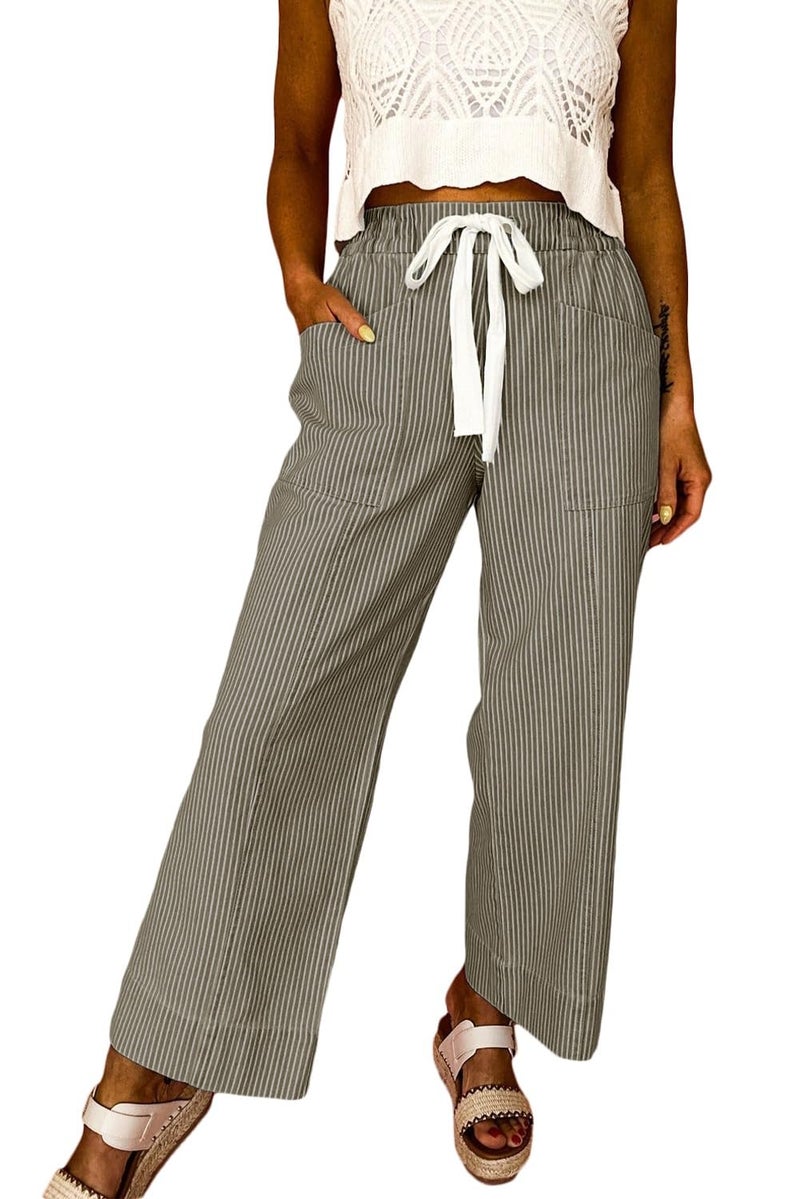 Acelitt Womens Casual Fashion 2026 Fall Striped Pants Elastic Waist High Waist Wide Leg Linen Pants Trousers Khaki Large - Image 2