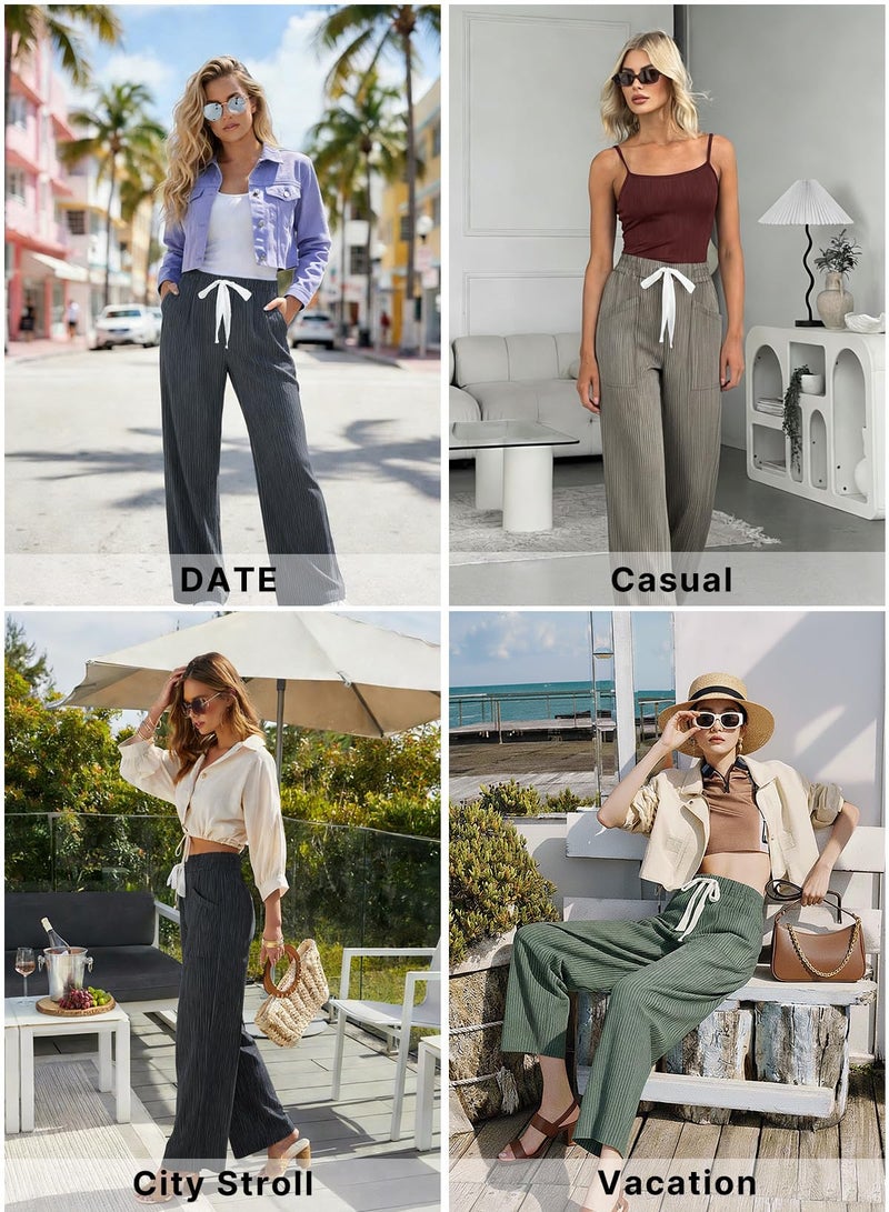 Acelitt Womens Casual Fashion 2026 Fall Striped Pants Elastic Waist High Waist Wide Leg Linen Pants Trousers Khaki Large - Image 5