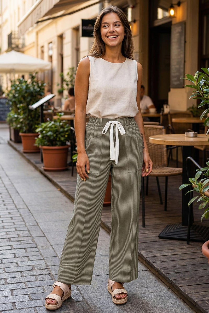 Acelitt Womens Casual Fashion 2026 Fall Striped Pants Elastic Waist High Waist Wide Leg Linen Pants Trousers Khaki Large - Image 4