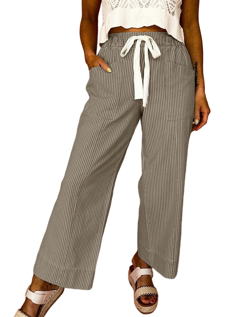 Acelitt Womens Casual Fashion 2026 Fall Striped Pants Elastic Waist High Waist Wide Leg Linen Pants Trousers Khaki Large - Image 1
