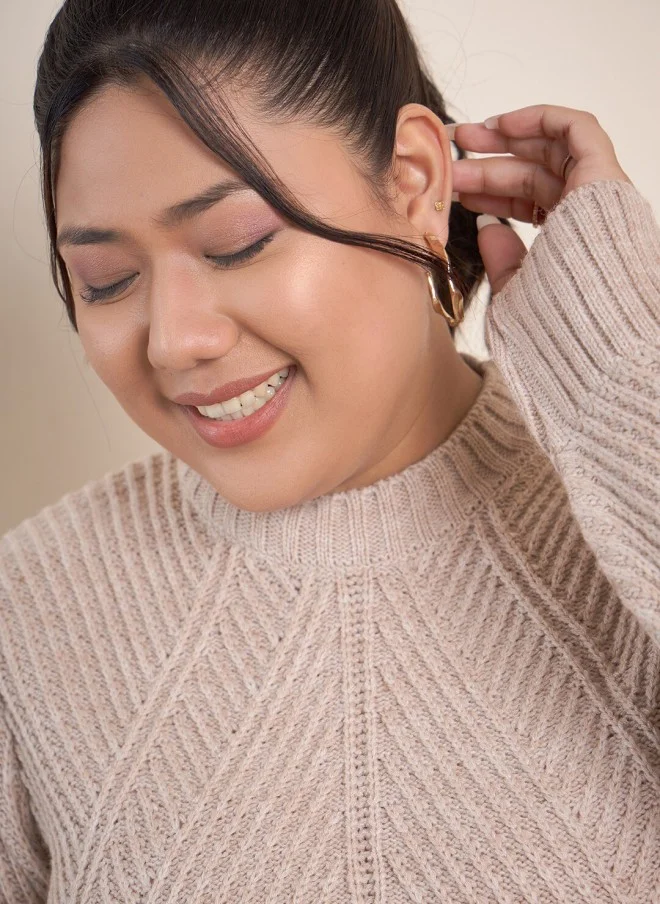 CURVY STREET Beige Cable Knit Pullover Sweater for Women