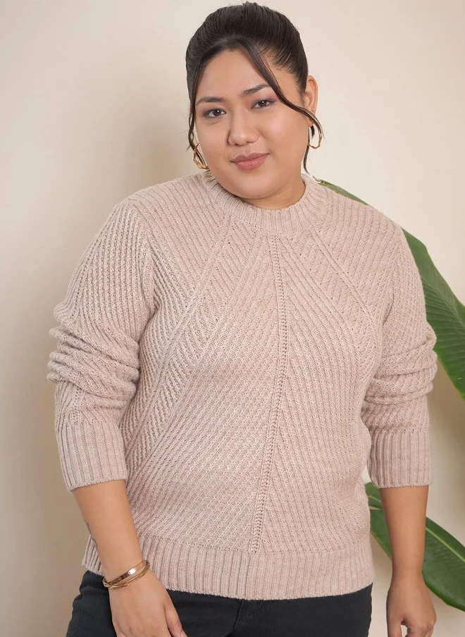 CURVY STREET Beige Cable Knit Pullover Sweater for Women