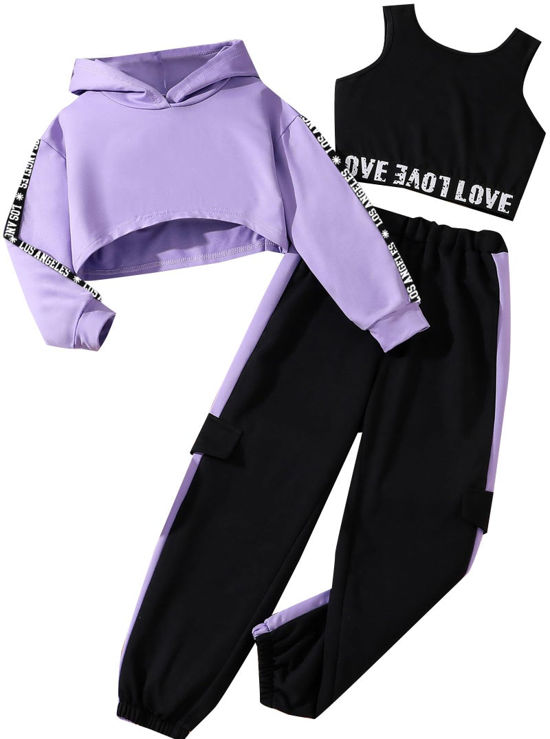 Hilinker Girls Graphic 3 Piece Outfits Workout Hoodie Crop Tank and Sweatpants Set Purple Black LA 11-12 Year - Image 1