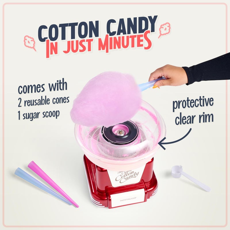 Nostalgia Cotton Candy Machine - Retro Cotton Candy Machine for Kids with 2 Reusable Cones, 1 Sugar Scoop, and 1 Extractor Head - Red - Image 3