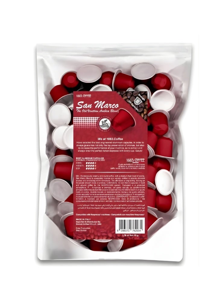 1883. coffee San Marco 100 Coffee Capsules in 100% Aluminum Recyclable to Infinity, Harmoniously & Creamy Blend 4/5, Box with 100 Loose  Capsules Compatible with Nespresso Machine, Made in Italy - Image 1