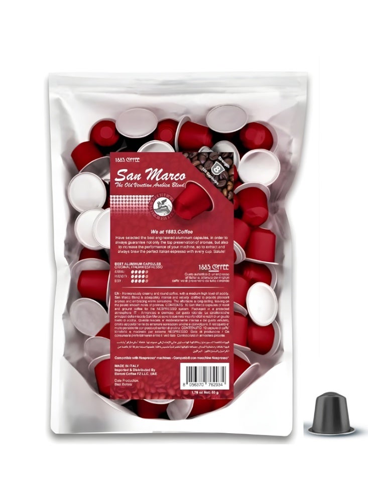 1883. coffee San Marco 100 Coffee Capsules in 100% Aluminum Recyclable to Infinity, Harmoniously & Creamy Blend 4/5, Box with 100 Loose  Capsules Compatible with Nespresso Machine, Made in Italy - Image 2