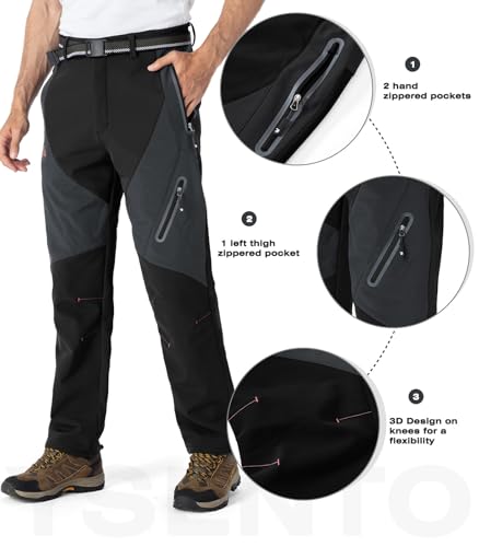 YSENTO Men's Fleece Lined Ski Snow Pants Winter Waterproof Softshell Insulated Hiking Cargo Pants Black US 32 - Image 4
