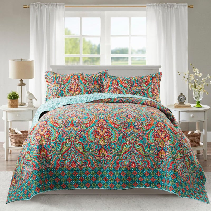 NEWLAKE Cotton Bedspread Quilt Sets-Reversible Patchwork Coverlet Set, European Gorgeous Floral Pattern, California King Size - Image 1