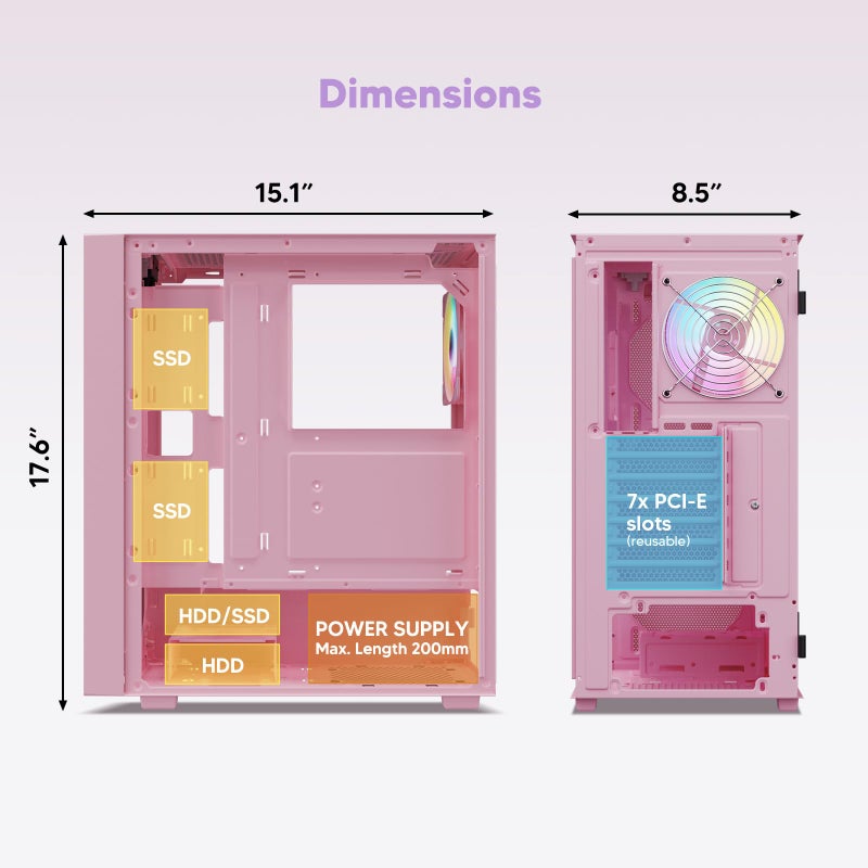 Vetroo AL800 Mid Tower ATX PC Computer Case - Door Opening Design Tempered Glass, Adjustable LED Strip, Pre-Installed ARGB & PWM FDB Fan in Rear, Support for 50 Series GPUs - Pink - Image 4
