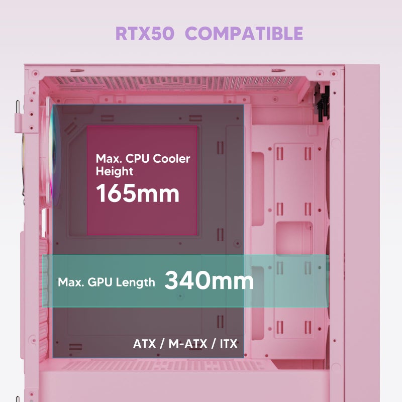Vetroo AL800 Mid Tower ATX PC Computer Case - Door Opening Design Tempered Glass, Adjustable LED Strip, Pre-Installed ARGB & PWM FDB Fan in Rear, Support for 50 Series GPUs - Pink - Image 5