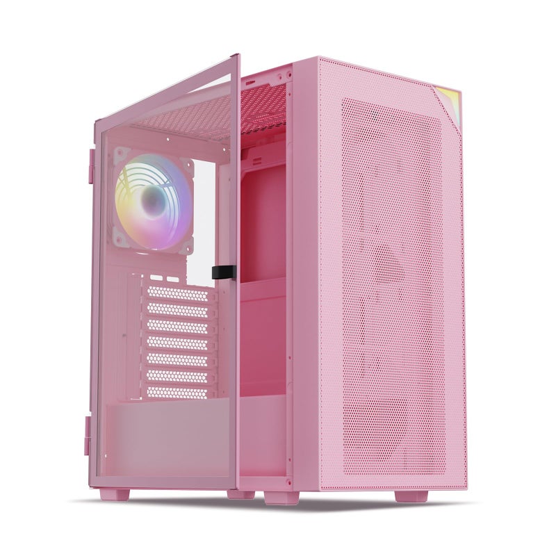 Vetroo AL800 Mid Tower ATX PC Computer Case - Door Opening Design Tempered Glass, Adjustable LED Strip, Pre-Installed ARGB & PWM FDB Fan in Rear, Support for 50 Series GPUs - Pink - Image 1