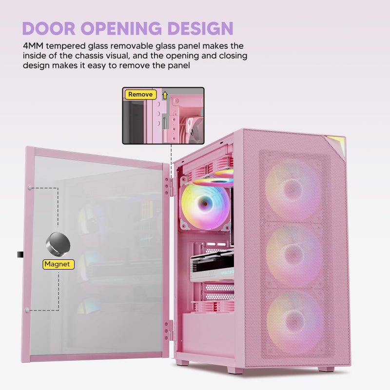 Vetroo AL800 Mid Tower ATX PC Computer Case - Door Opening Design Tempered Glass, Adjustable LED Strip, Pre-Installed ARGB & PWM FDB Fan in Rear, Support for 50 Series GPUs - Pink - Image 2