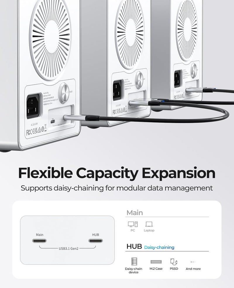 Orico Daisy Chain 4 Bay Hard Drive Enclosure USB 3.1 Gen 2 Aluminum Das Enclosure Support 22TB and Expansion Max Up to 264TB for 3.5-inchs HDD -9948C3 - Image 3