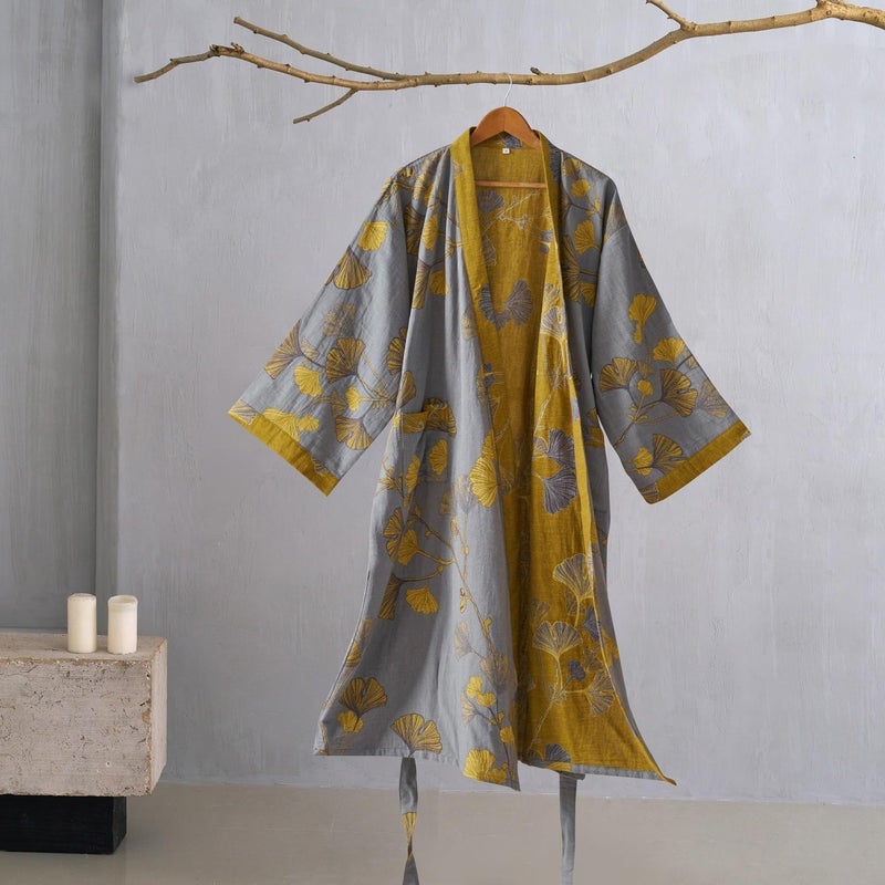 Kimono Robe Purefair 100% Cotton Gauze Ginkgo Leaf Print - Image 2