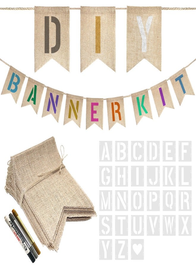 TMTECHJS 15 PCS Burlap Banner DIY Kit With 27 PCS Letter Stencil Banner Burlap Painting For Party Decorations Swallowtail Flags For Birthday - Image 1