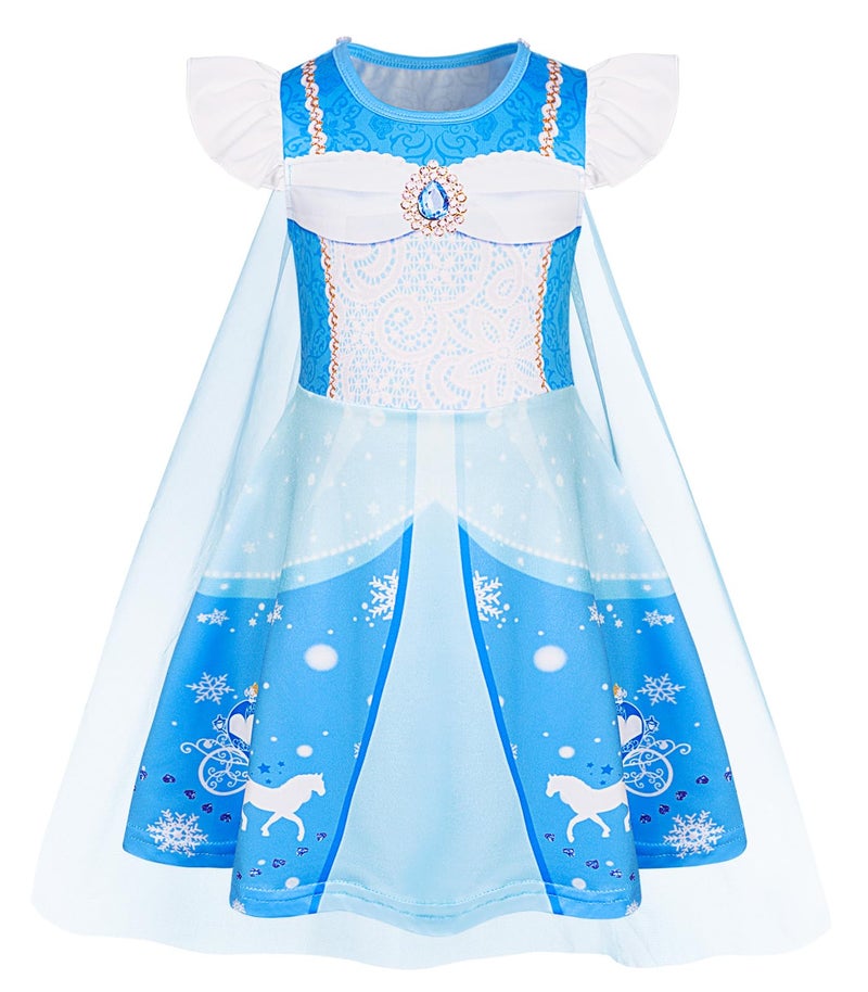 Wonderbabe Princess Dress For Girls Short Sleeve Princess Costume With Cape Fancy Dress Up For Halloween Cosplay Carnival Blue Size 5-6 - Image 1