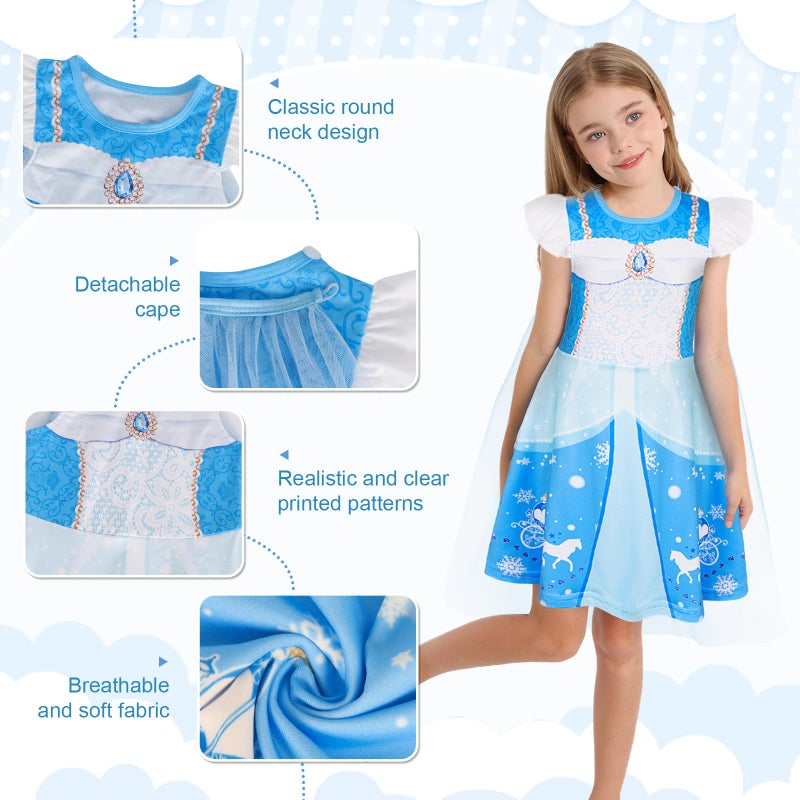 Wonderbabe Princess Dress For Girls Short Sleeve Princess Costume With Cape Fancy Dress Up For Halloween Cosplay Carnival Blue Size 5-6 - Image 3
