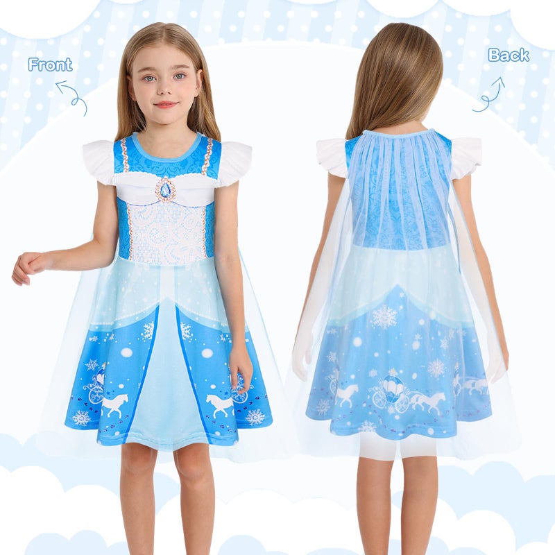 Wonderbabe Princess Dress For Girls Short Sleeve Princess Costume With Cape Fancy Dress Up For Halloween Cosplay Carnival Blue Size 5-6 - Image 2