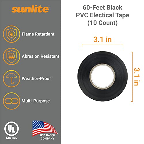 Sunlite 41326-SU 10-Pack PVC Electrical Tape, 60 Feet x 0.75 Inches, for Splicing, Protecting, and Insulating Wires, Abrasion Resistant, Flame Retardant, Weatherproof, UL Listed, Black - Image 2