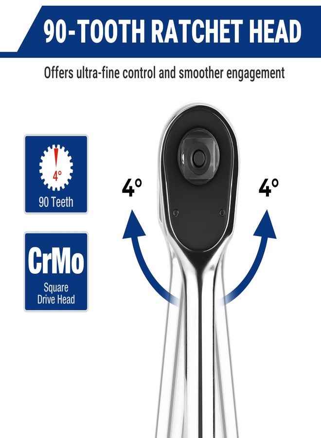 ووركبرو مفتاح ربط WORKPRO منخفض الارتفاع بقطر 3/8 بوصة، مفتاح ربط سريع الفك بـ 90 سنًا، قابل للعكس، مصنوع من 40Cr (ما يعادل SAE 5140)، رأس محرك منخفض الارتفاع من CR-MO، مصقول بالكامل، هدايا للرجال - Image 3