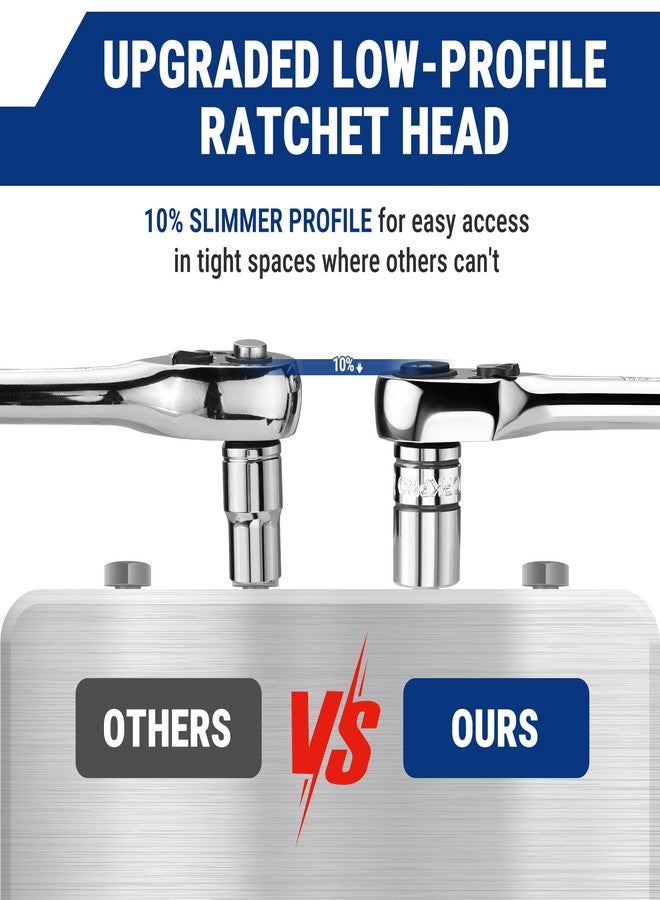 ووركبرو مفتاح ربط WORKPRO منخفض الارتفاع بقطر 3/8 بوصة، مفتاح ربط سريع الفك بـ 90 سنًا، قابل للعكس، مصنوع من 40Cr (ما يعادل SAE 5140)، رأس محرك منخفض الارتفاع من CR-MO، مصقول بالكامل، هدايا للرجال - Image 4