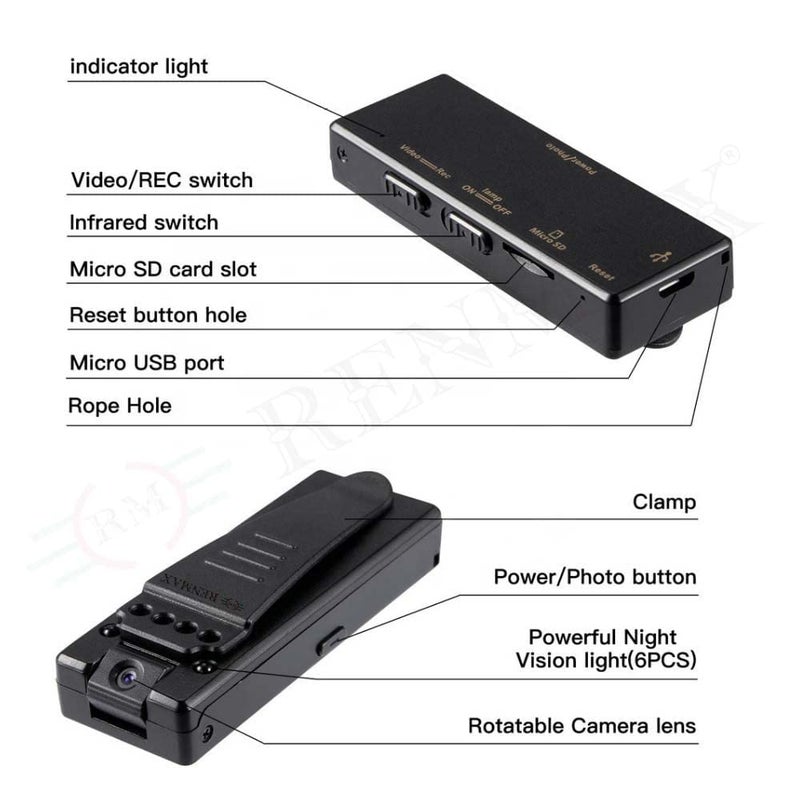 RENMAX 2MP HD 1080P Mini Pocket Camera Recorder IR Night Vision Rechargeable Plastic Black 1 Pc - Image 3