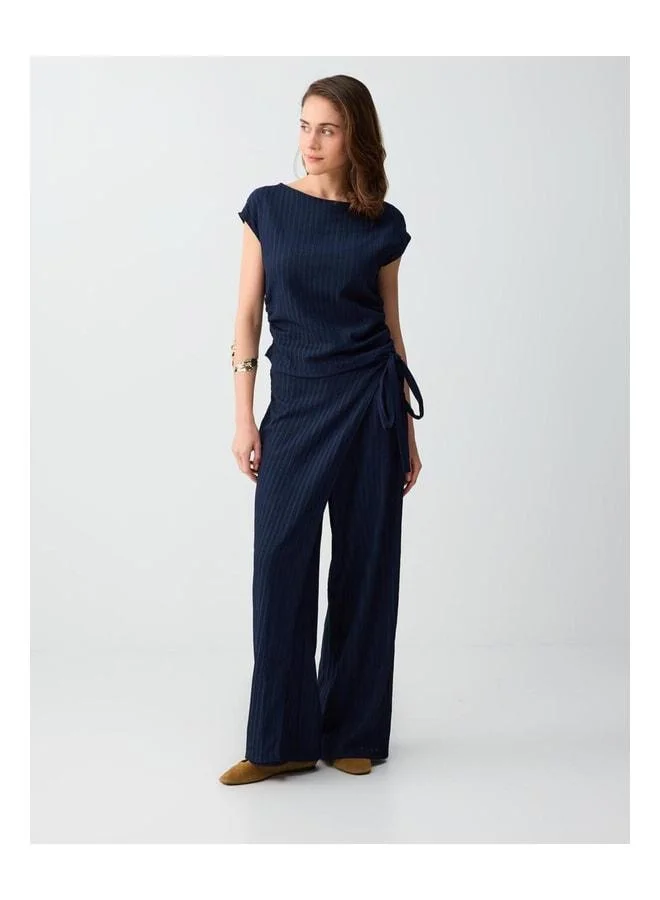 Jimmy Key Dark Blue Striped Boat Neck Sleeveless Knit Blouse.